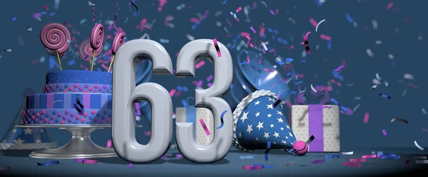 前圆后圆的白色63号 生日蛋糕装饰糖果棒棒糖 礼物和聚会的帽子与号角发出粉红和紫色的圆饼与深蓝色的背景 3D说明 — 图库照片