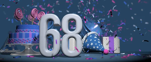展望实心的白色68号 生日蛋糕装饰糖果棒棒糖 礼物和聚会的帽子与号角射出粉红色和紫色的圆饼与深蓝色的背景 3D说明 — 图库照片