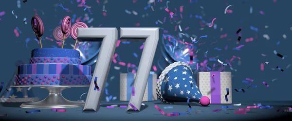 Foreground solid white number 77, birthday cake adorned with candy lollipops, gifts and party hat with bugles shooting out pink and purple confetti against dark blue background. 3D Illustration