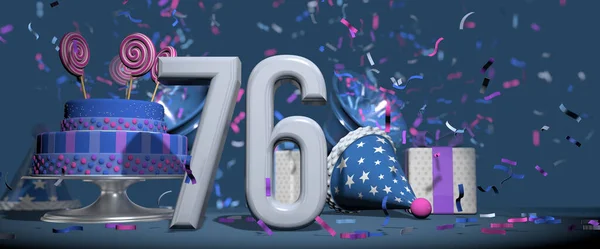 前圆后圆的白色76号 生日蛋糕装饰糖果棒棒糖 礼物和聚会的帽子与号角射出粉红色和紫色的圆饼与深蓝色的背景 3D说明 — 图库照片