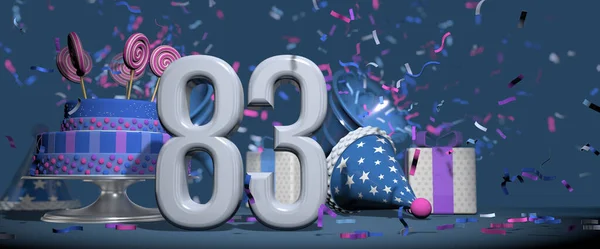 前圆后圆的白色83号 生日蛋糕装饰糖果棒棒糖 礼物和聚会的帽子 号角发出粉红色和紫色的圆饼与深蓝色的背景 3D说明 — 图库照片