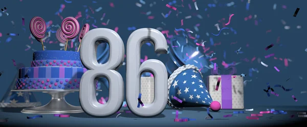 前圆后圆的白色86号 生日蛋糕装饰糖果棒棒糖 礼物和聚会的帽子 号角发出粉红色和紫色的圆饼与深蓝色的背景 3D说明 — 图库照片