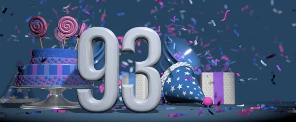前景の白い数字93 キャンディロリポップで飾られた誕生日ケーキ ギフト 濃い青の背景にピンクと紫のコンフェッティを撃つバグル付きのパーティー帽子 3Dイラスト — ストック写真
