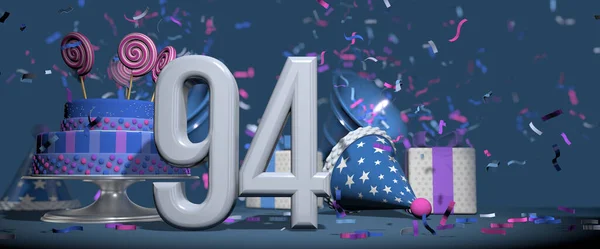 前景の白い数字94 キャンディロリポップで飾られた誕生日ケーキ ギフト 濃い青の背景にピンクと紫のコンフェッティを撃つバグル付きのパーティー帽子 3Dイラスト — ストック写真
