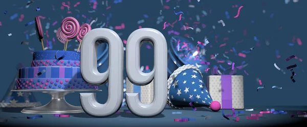 Foreground solid white number 99, birthday cake adorned with candy lollipops, gifts and party hat with bugles shooting out pink and purple confetti against dark blue background. 3D Illustration