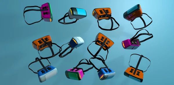 Group of magenta, blue and orange virtual reality goggles in different positions floating against blue background. 3D Illustration