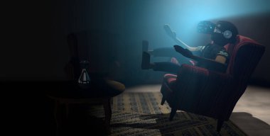 Young man seen in profile jumping on an antique armchair that floats in his living room using virtual reality glasses with blue light. 3D Illustration