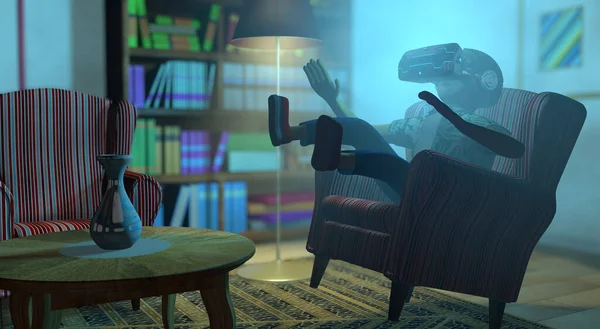 Young man jumping on an antique armchair that floats in his living room using virtual reality goggles with blue light. 3D Illustration