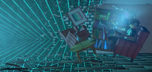 Young man seen from the side wearing virtual reality glasses with blue light jumping on an old armchair that floats in his room that disintegrates with virtual space background. 3D Illustration