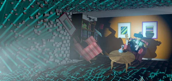 Young man seen from the front wearing virtual reality glasses with blue light jumping on an old armchair that floats in his room that disintegrates with virtual space background. 3D Illustration