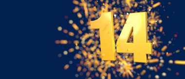 Gold number 14 in the foreground with gold confetti falling and fireworks behind out of focus against a dark blue background. 3D Illustration