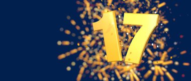 Gold number 17 in the foreground with gold confetti falling and fireworks behind out of focus against a dark blue background. 3D Illustration