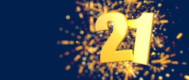 Gold number 21 in the foreground with gold confetti falling and fireworks behind out of focus against a dark blue background. 3D Illustration