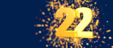 Gold number 22 in the foreground with gold confetti falling and fireworks behind out of focus against a dark blue background. 3D Illustration