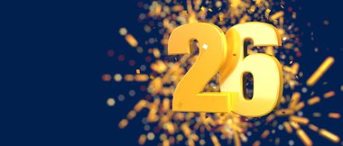 Gold number 26 in the foreground with gold confetti falling and fireworks behind out of focus against a dark blue background. 3D Illustration
