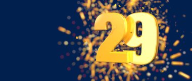 Gold number 29 in the foreground with gold confetti falling and fireworks behind out of focus against a dark blue background. 3D Illustration