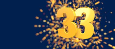 Gold number 33 in the foreground with gold confetti falling and fireworks behind out of focus against a dark blue background. 3D Illustration