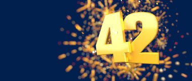Gold number 42 in the foreground with gold confetti falling and fireworks behind out of focus against a dark blue background. 3D Illustration