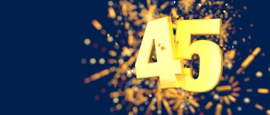 Gold number 45 in the foreground with gold confetti falling and fireworks behind out of focus against a dark blue background. 3D Illustration