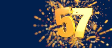 Gold number 57 in the foreground with gold confetti falling and fireworks behind out of focus against a dark blue background. 3D Illustration