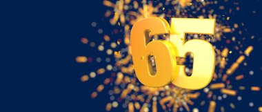 Gold number 65 in the foreground with gold confetti falling and fireworks behind out of focus against a dark blue background. 3D Illustration