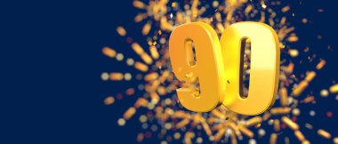 Gold number 90 in the foreground with gold confetti falling and fireworks behind out of focus against a dark blue background. 3D Illustration