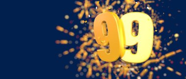 Gold number 99 in the foreground with gold confetti falling and fireworks behind out of focus against a dark blue background. 3D Illustration