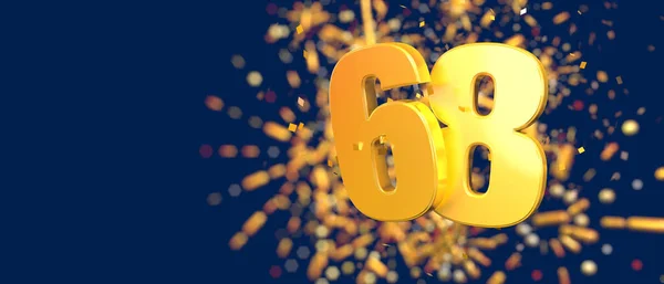 Gold number 68 in the foreground with gold confetti falling and fireworks behind out of focus against a dark blue background. 3D Illustration
