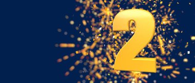 Gold number 2 in the foreground with gold confetti falling and fireworks behind out of focus against a dark blue background. 3D Illustration