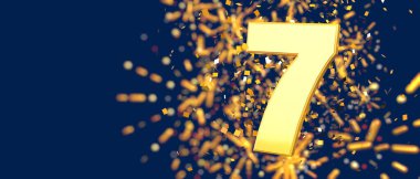 Gold number 7 in the foreground with gold confetti falling and fireworks behind out of focus against a dark blue background. 3D Illustration
