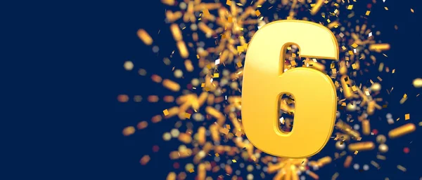 Gold number 6 in the foreground with gold confetti falling and fireworks behind out of focus against a dark blue background. 3D Illustration