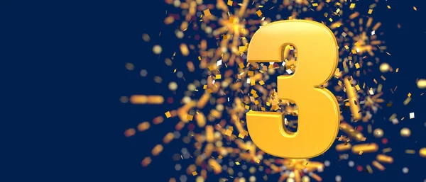 Gold number 3 in the foreground with gold confetti falling and fireworks behind out of focus against a dark blue background. 3D Illustration