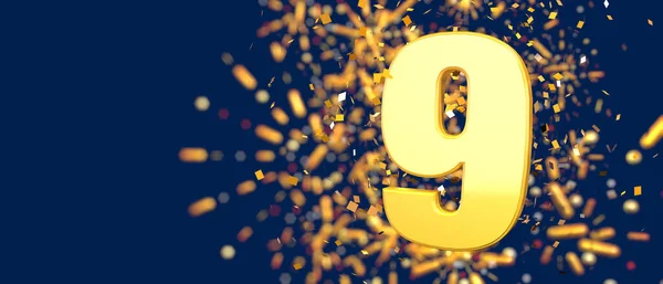 Gold number 9 in the foreground with gold confetti falling and fireworks behind out of focus against a dark blue background. 3D Illustration