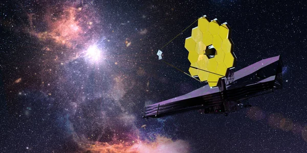 James Webb Space Telescope traveling and exploring deep space against galaxy background. 3D Illustration