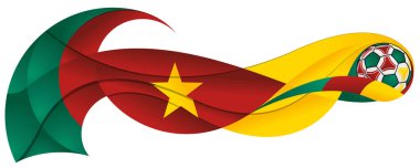 Yeşil, kırmızı ve sarı futbol topu beyaz arka planda Kamerun bayrağı renginde dalgalı bir iz bırakıyor.