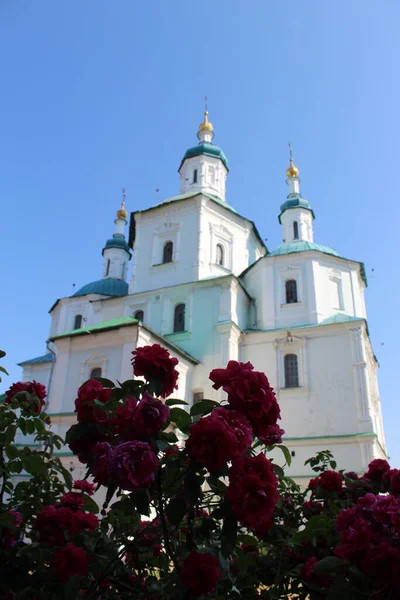 Κόκκινα Τριαντάφυλλα Φόντο Μια Χιονισμένη Εκκλησία Στην Ουκρανία — Φωτογραφία Αρχείου