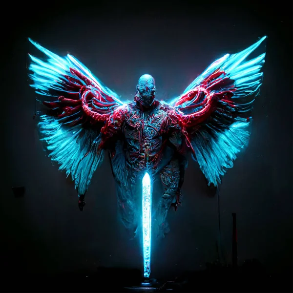 ultra realistic detailed neon god of war with big wings and sword