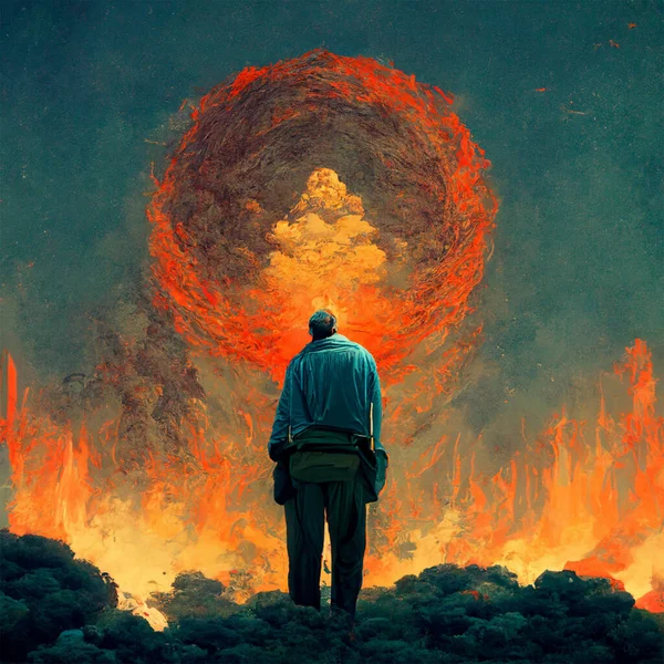 Man Staring Heaven While Burning Earth — Stock Fotó