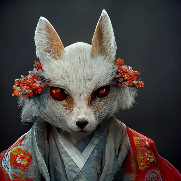 Very realistic Japanese mystical fox spirit kitsune wearing a kimono