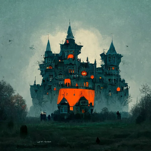 huge halloween castle in broad daylight
