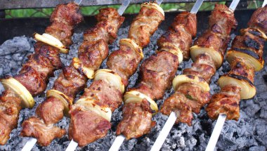 Coocking meat and onions on charcoal on summer day