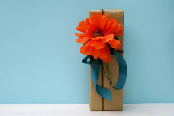 Gifts with poppy flower on blue background