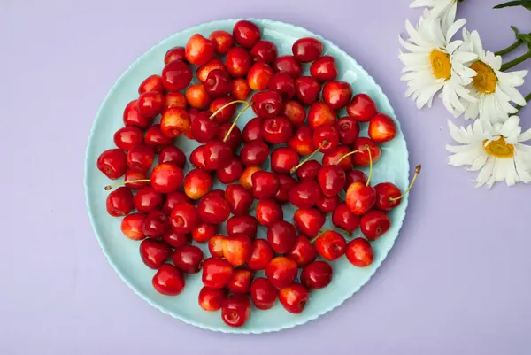Ripe cherries in a round plate with daisies in the corner