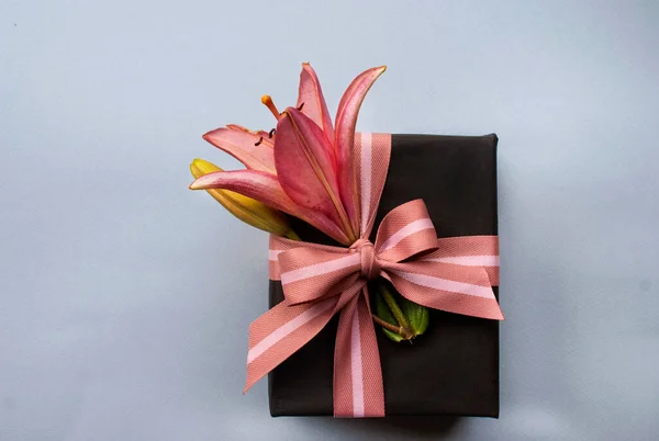 Black gift with a pink lily and a pink ribbon on a light background