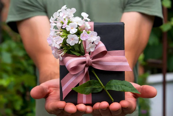 Black gift with a pink ribbon and a flower in male hands on a background of greenery in summer