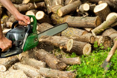 Sawing wooden branches with a chainsaw and folding them uphill