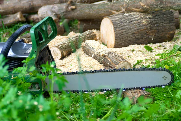 Sawing wooden branches with a chainsaw and folding them uphill
