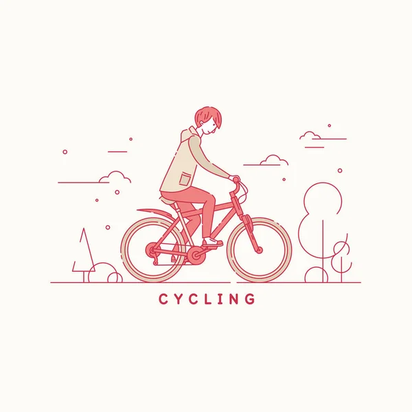 Ein junger Mann fährt Fahrrad. Ein Mensch unternimmt einen Ausflug in die Natur. Ein Zweirad für einen Erwachsenen. — Stockvektor
