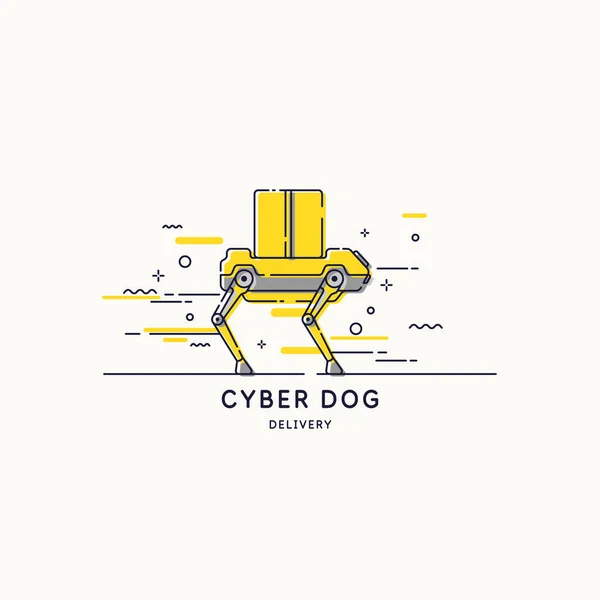 Vektorzeichnung eines Cyber-Hundes. Der Roboter liefert die Bestellung an den Käufer aus. Lebensmittellieferung auf dem Landweg. — Stockvektor