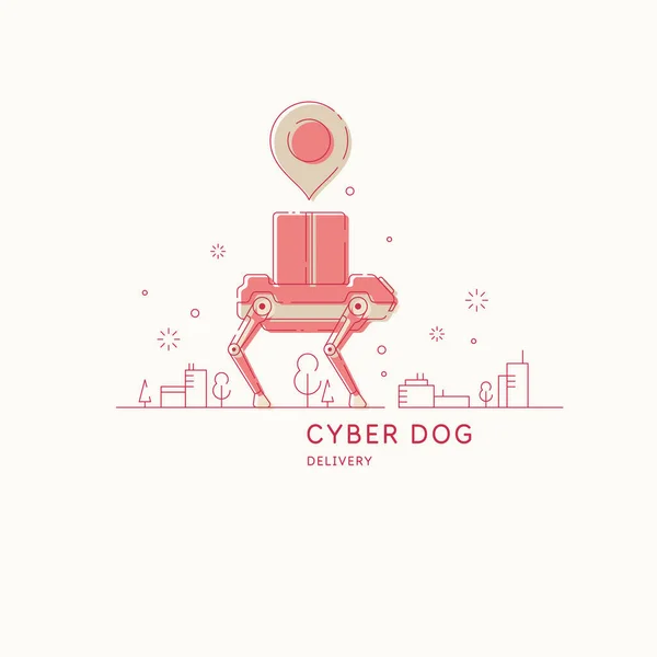 Векторное рисование кибер-собаки. Робот доставляет заказ покупателю. Доставка продовольствия наземным транспортом. — стоковый вектор